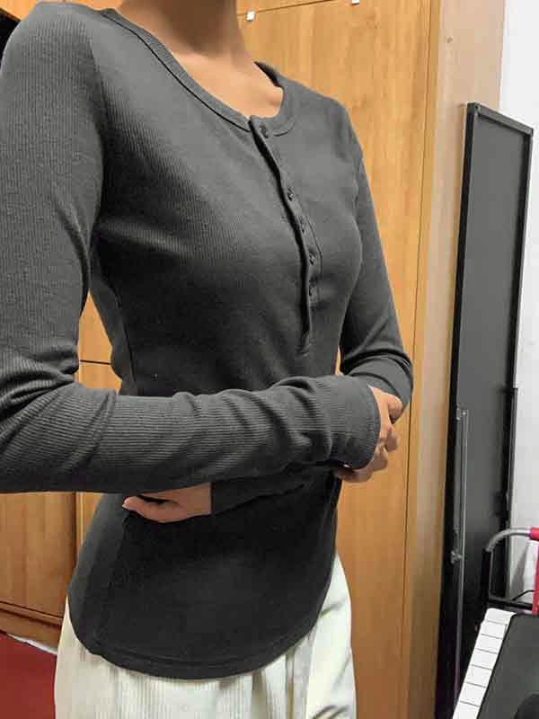 Solid Color Ribbed Button Slim Long Sleeve Knit Product Image