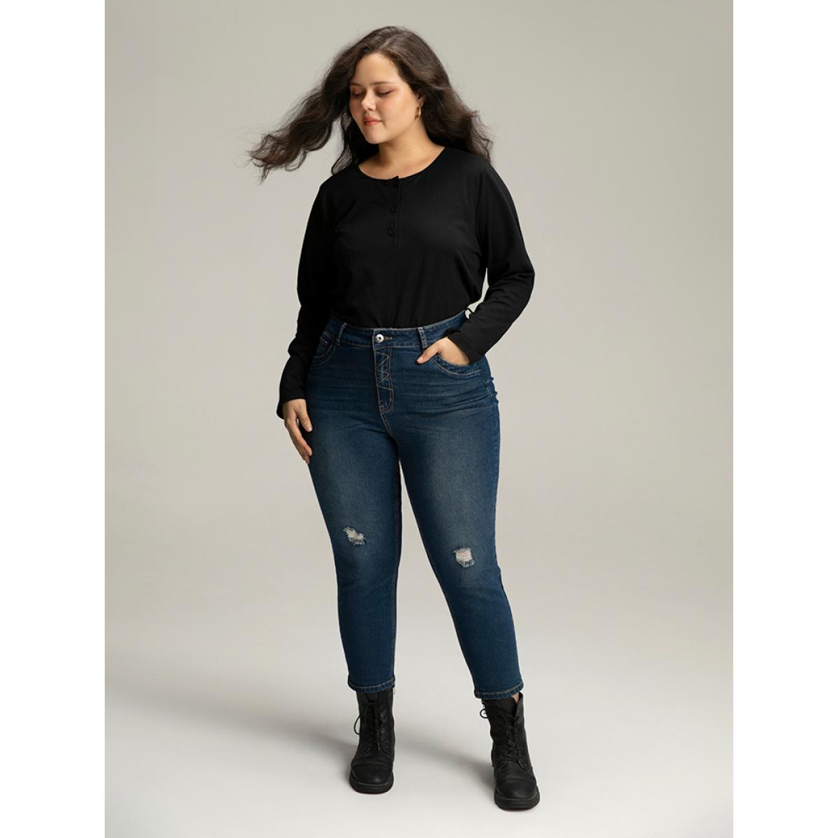 Plus Size Stitch Detail Distressed Very Stretchy Jeans Women Indigo Casual Plain Plain High stretch Pocket Jeans BloomChic 20/2X Product Image