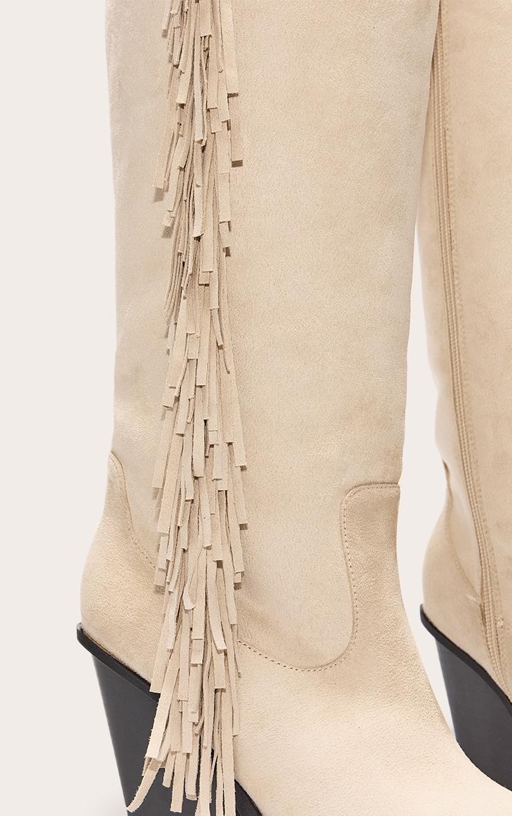 Cream Faux Suede Point Toe Fringed High Block Heel Knee Boots Product Image