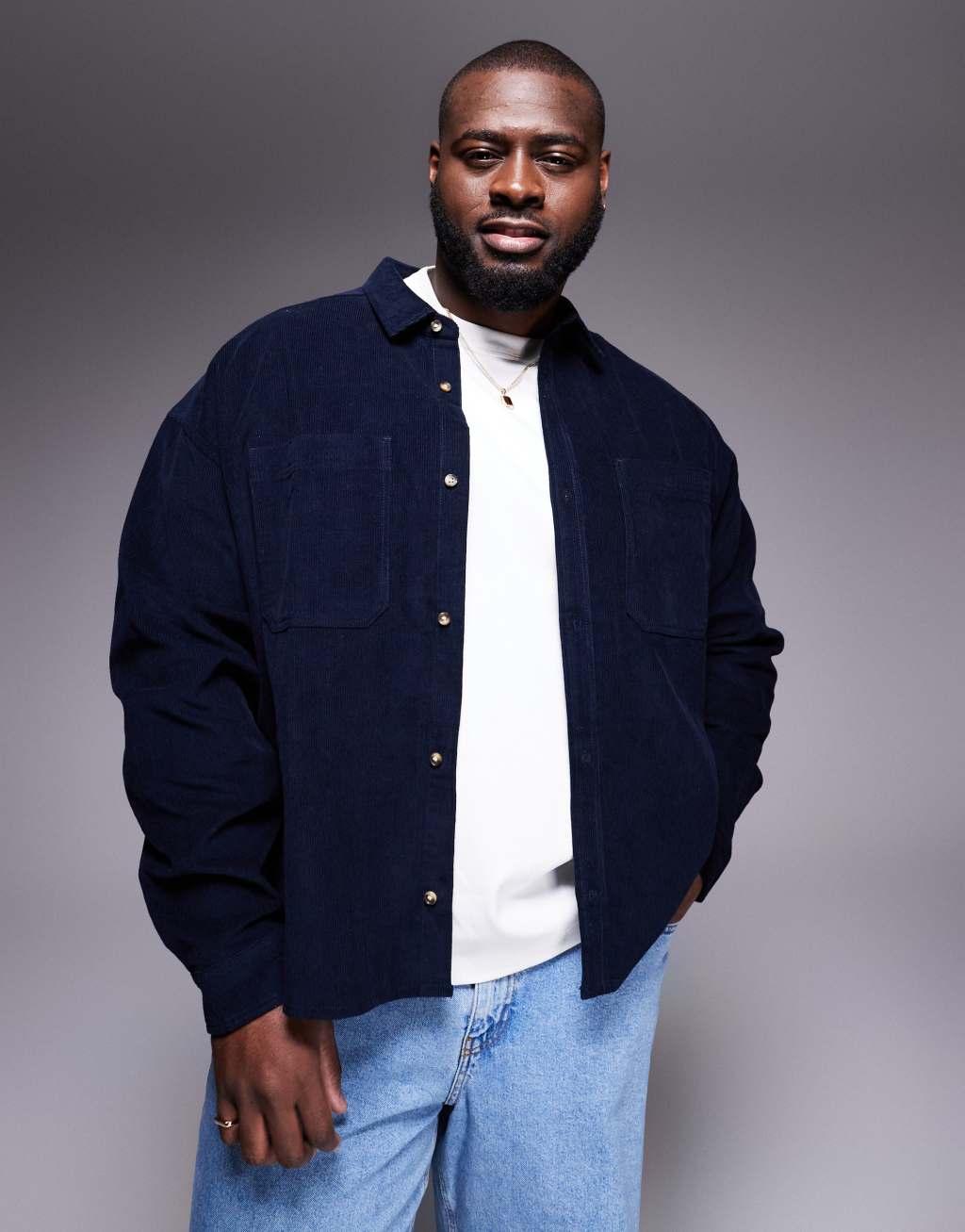 ASOS DESIGN 90s oversized cord shirt with back embroidery in navy Product Image