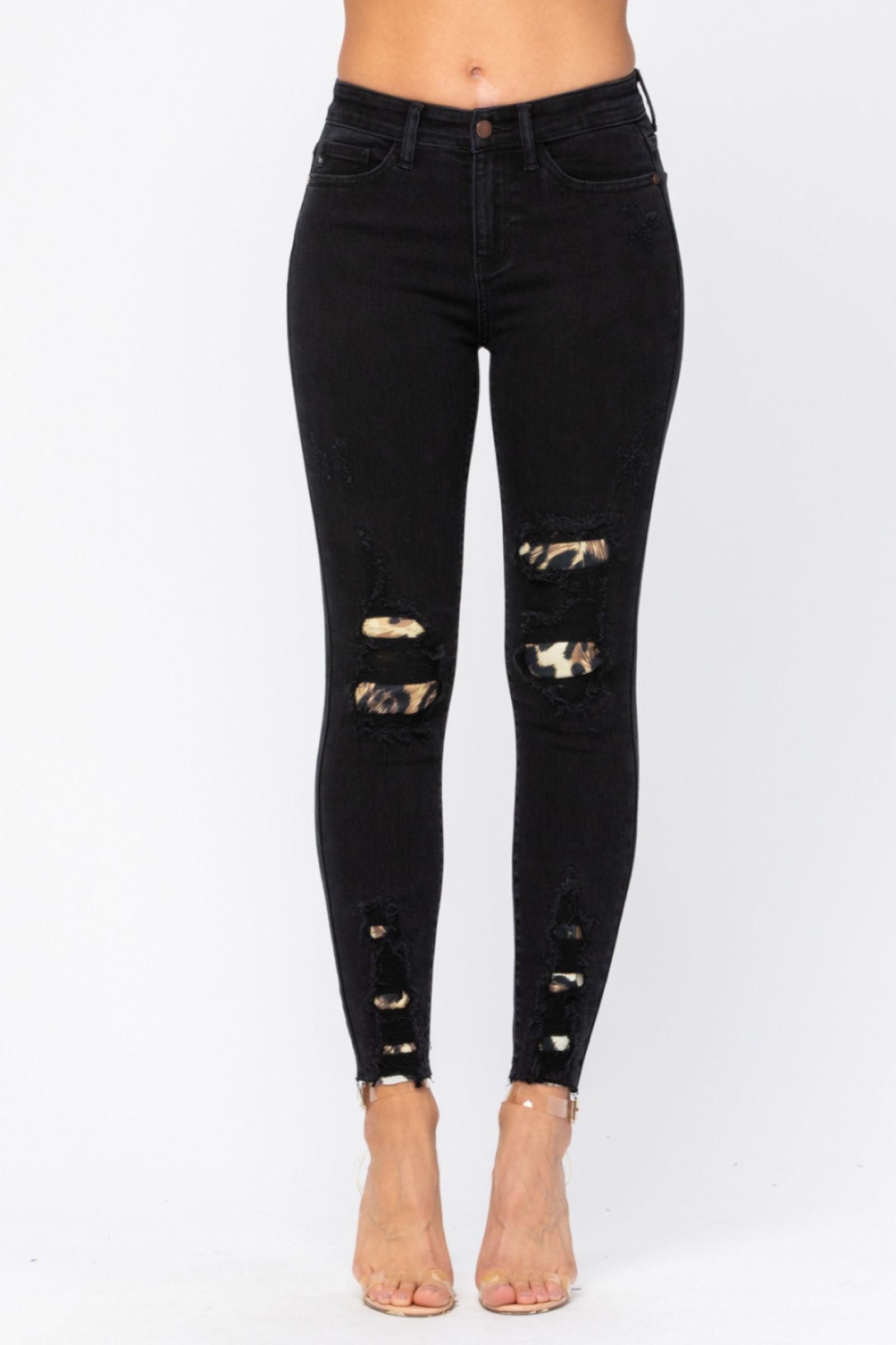 82168   Juliana Black Mid-Rise Skinny Leopard Patch Judy Blue Jeans Product Image