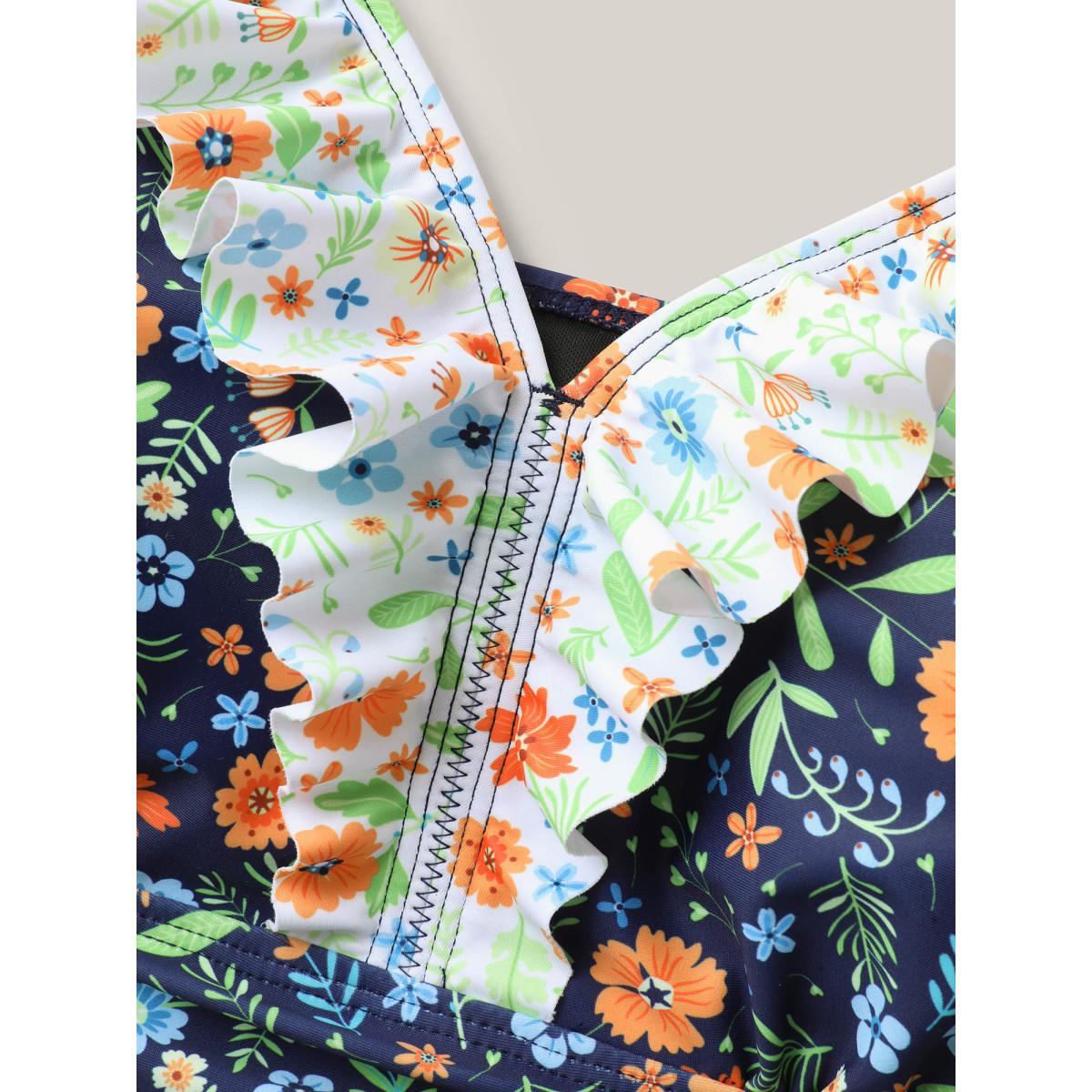 Plus Size Floral Print Ruffled Lace One-Piece Swimsuit Women's Swimwear Indigo Beach Ruffles Curve Bathing Suits High stretch One Pieces BloomChic 30/6X Product Image