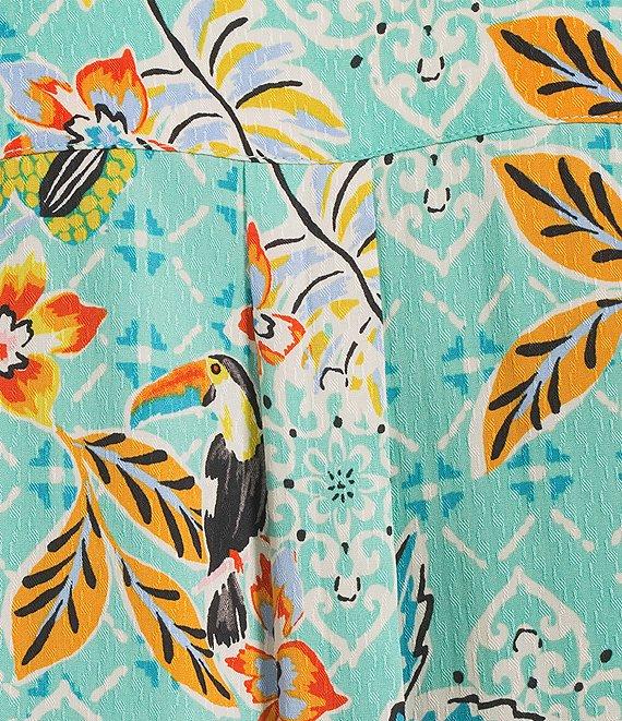 Democracy Petite Size Woven Tropical Print Split V-Neck Elbow Sleeve Button Front Top Product Image