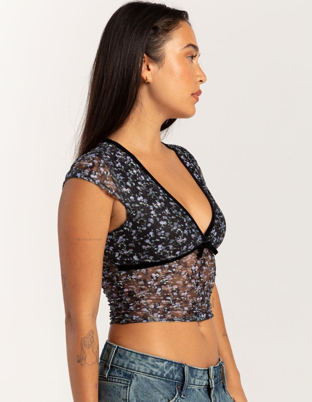 FULL TILT Printed Lace Womens V-Neck Top - BLK/MULTI Product Image