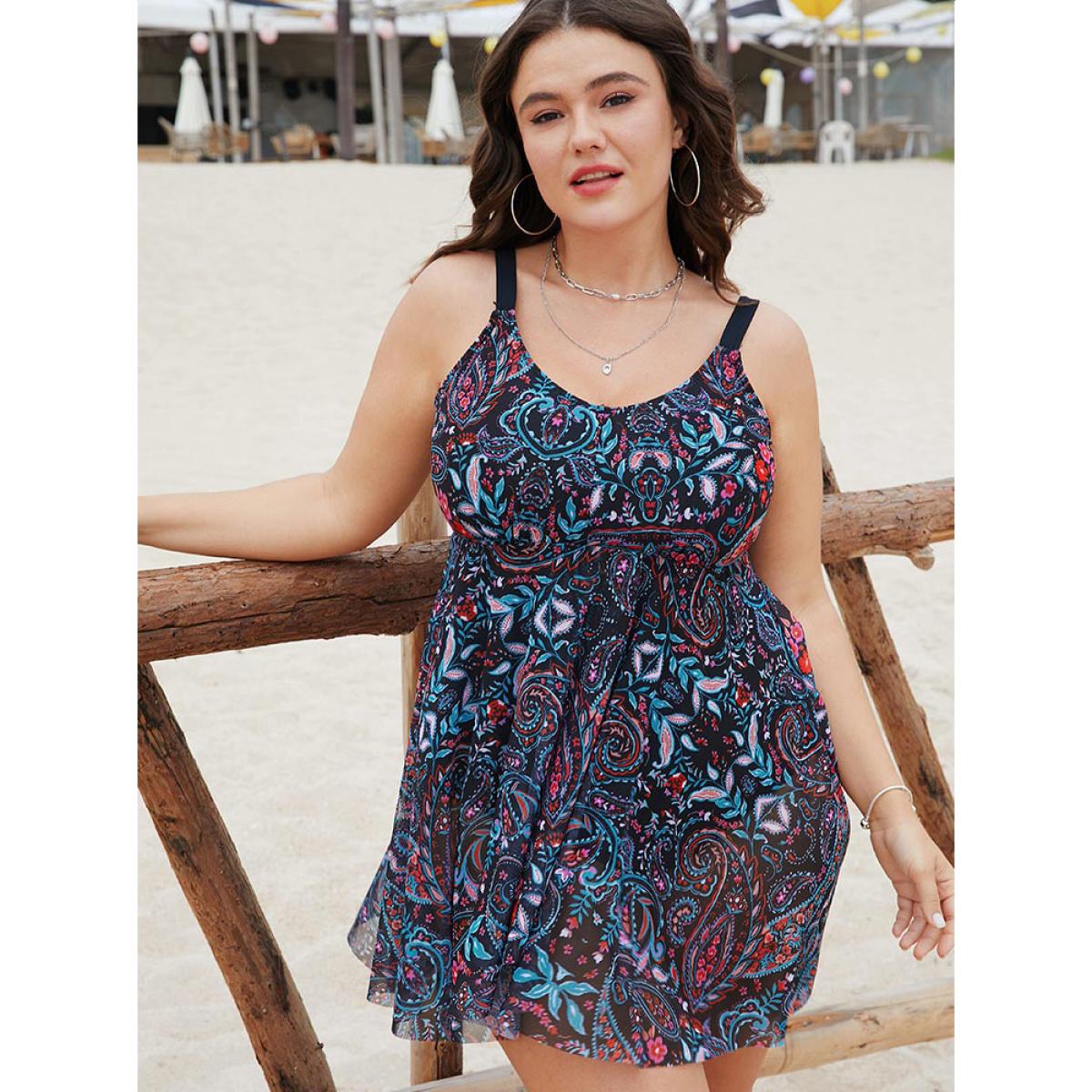 Plus Size Paisley Print Split Ruffle Hem Swim Dress Women's Swimwear BlackFlower Vacation Bodycon Round Neck High stretch Curve Swim Dresses BloomChic 26/4X Product Image