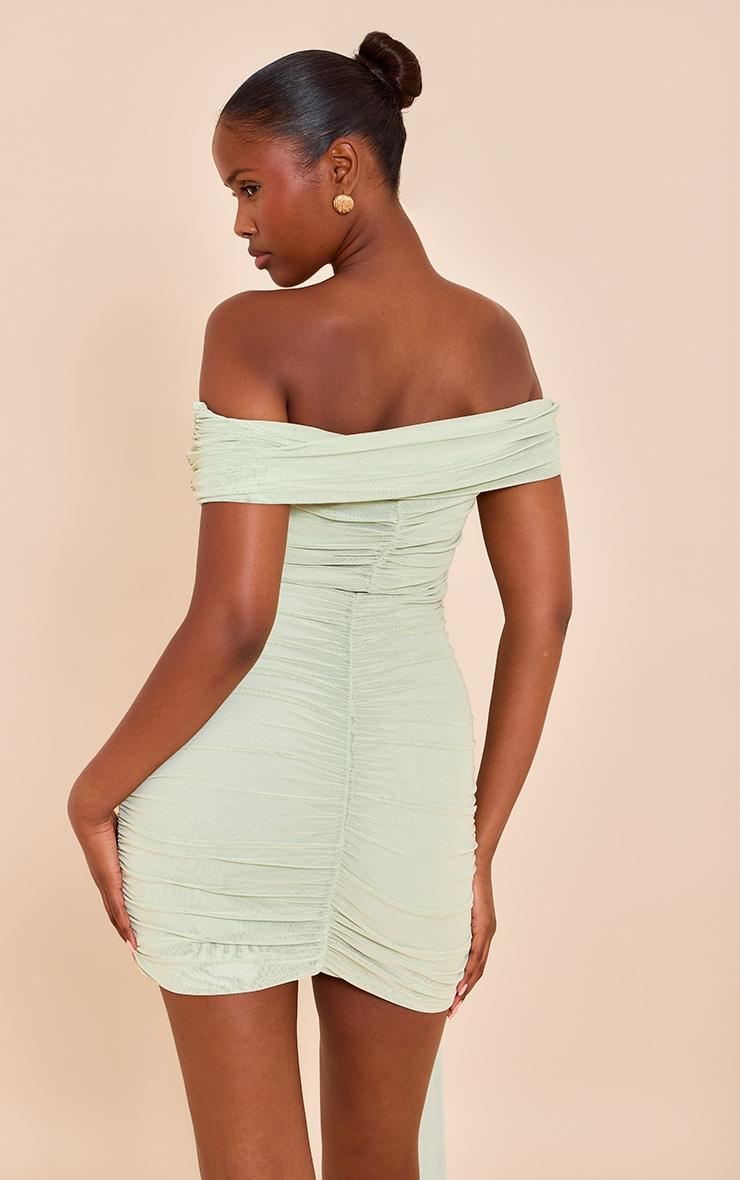 Pale Lime Mesh Lined Bardot Mini Dress Product Image