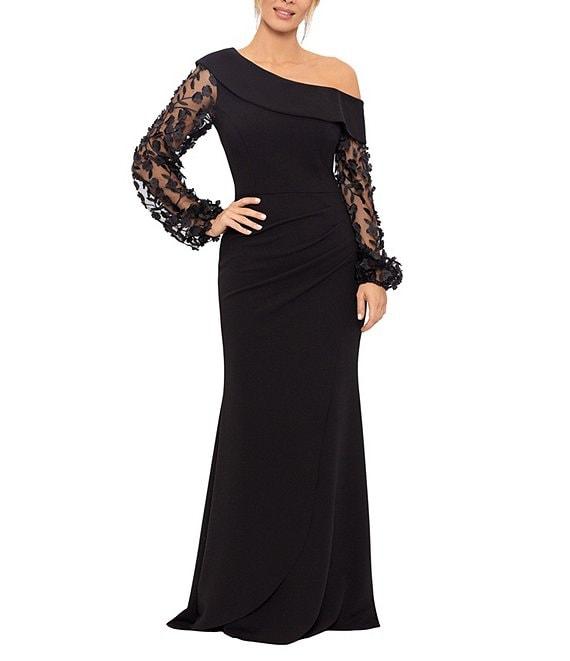 Xscape Scuba Crepe One Shoulder Long 3D Floral Sleeve Gown Product Image