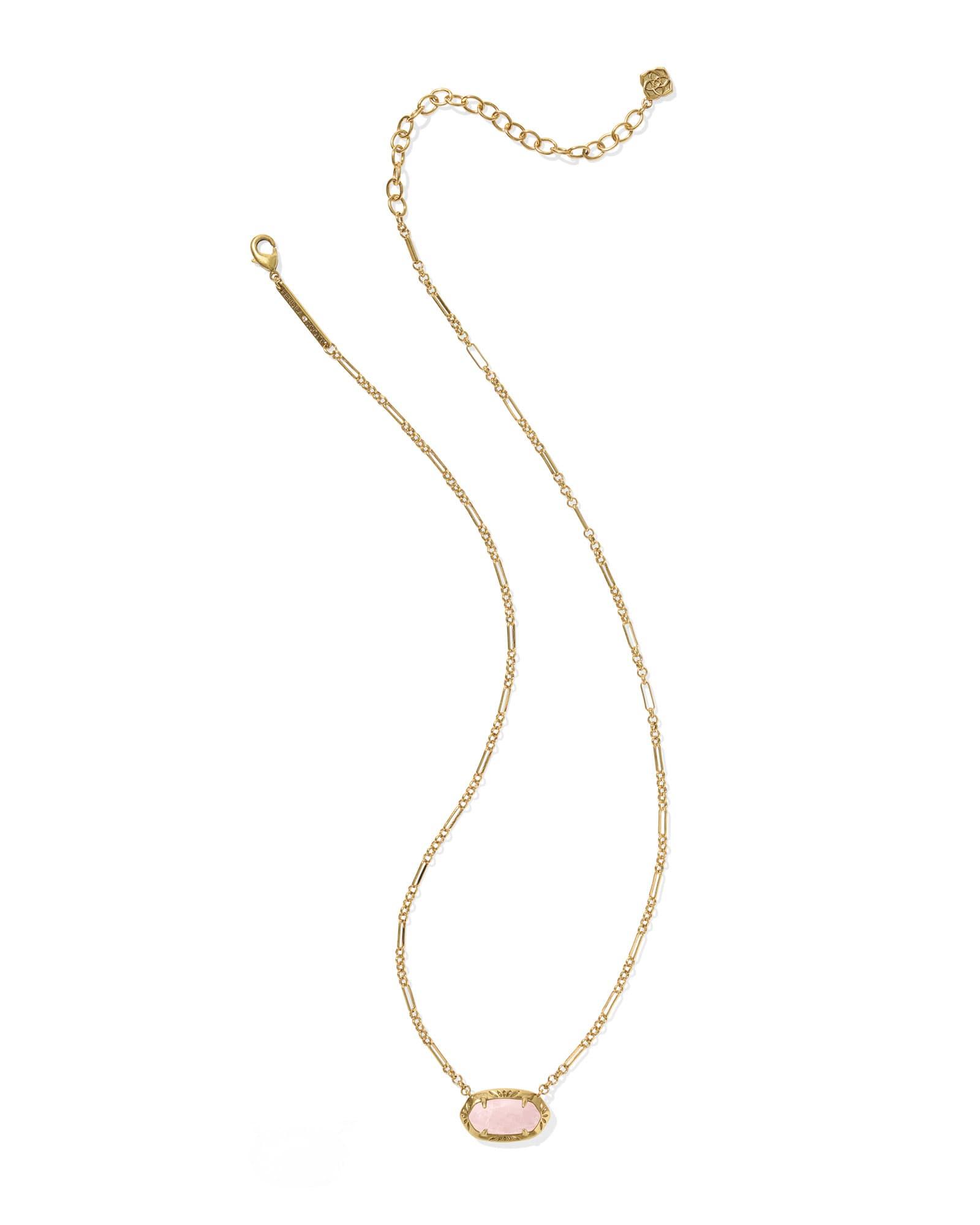 Elisa Vintage Gold Etch Frame Short Pendant Necklace in Rose Quartz Product Image