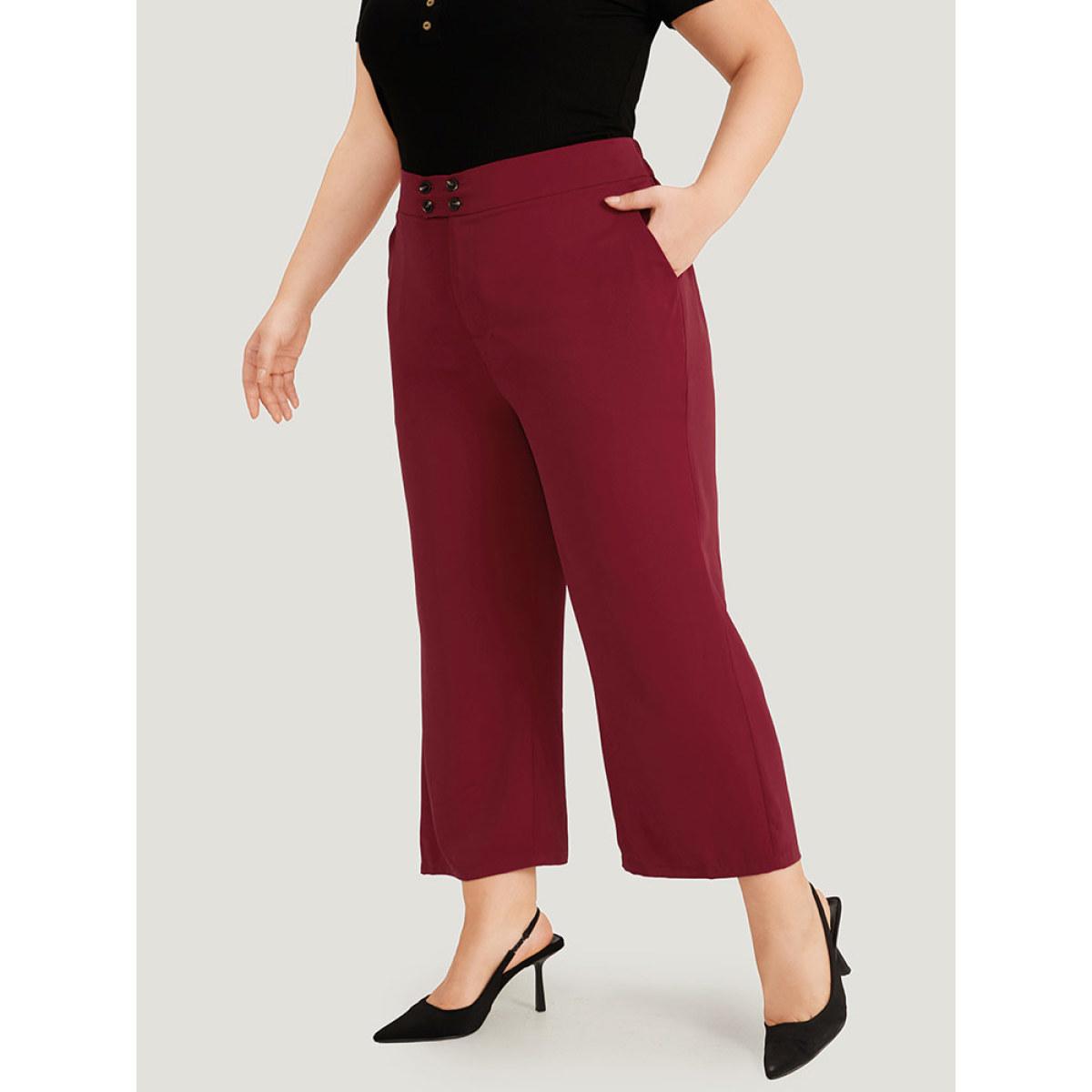 Plus Size Solid Button Detail Slant Pocket High Rise Pants Women Scarlet Office Straight Leg High Rise Office Pants BloomChic 30/6X Product Image