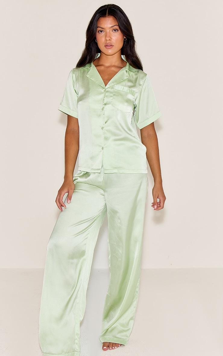 Pistachio Satin Short Sleeve Long Pj Set Product Image