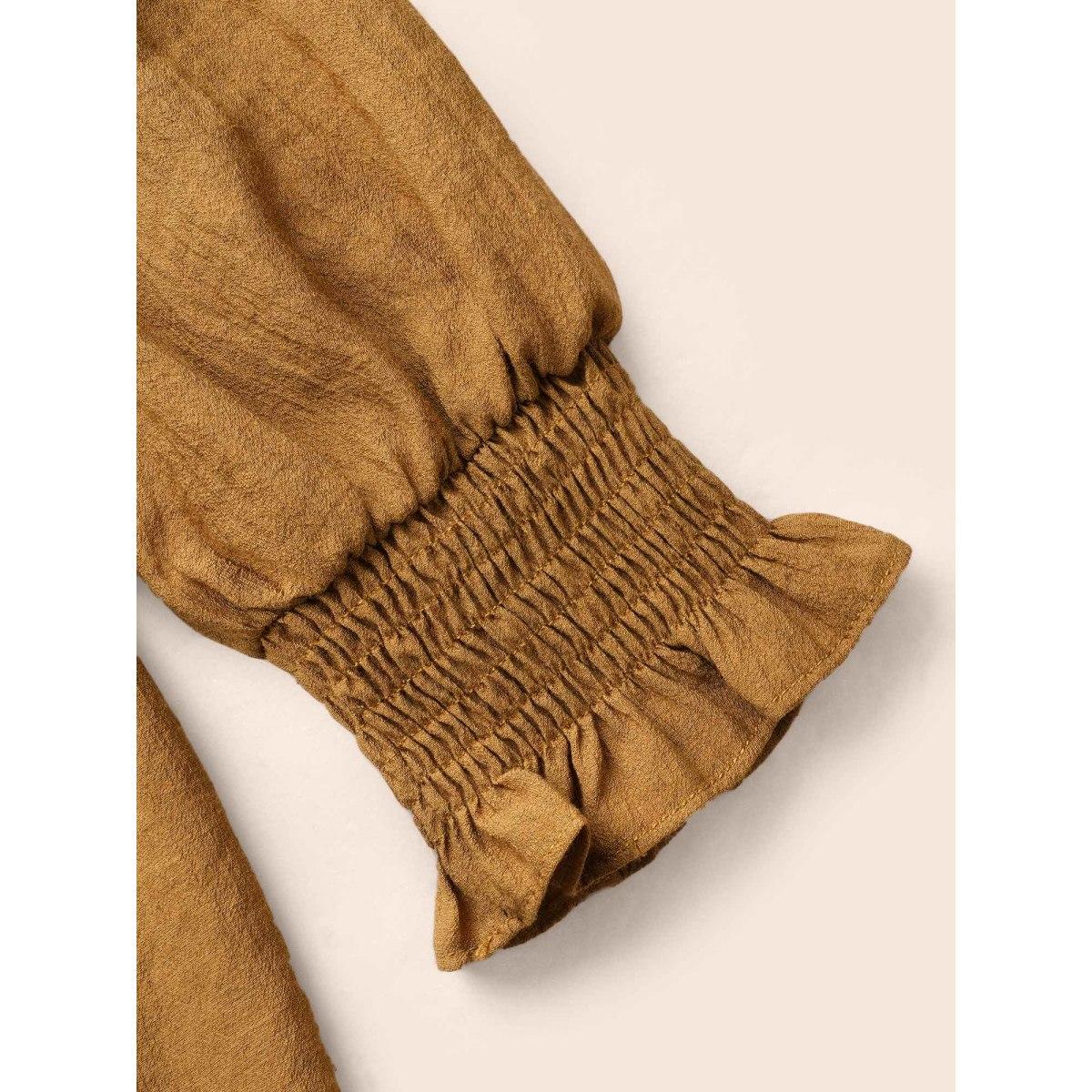 Plus Size Yellowishbrown Solid Texture Pleated Ruffle Trim Blouse Women Romantic Long Sleeve Deep V-neck Elegant Blouses BloomChic 28/5X Product Image