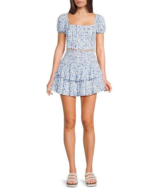 Dee Elly Square Neck Short Sleeve Ditsy Floral Coordinating Crop Top Product Image