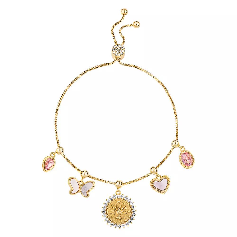 Brilliance 18k Gold Flash Plated Cubic Zirconia & Mother Of Pearl Teardrop, Butterfly, Family Tree Disc, Heart & Oval Charm Adjustable Slider Bracelet, Women's, Gold Tone Teamcolor Product Image