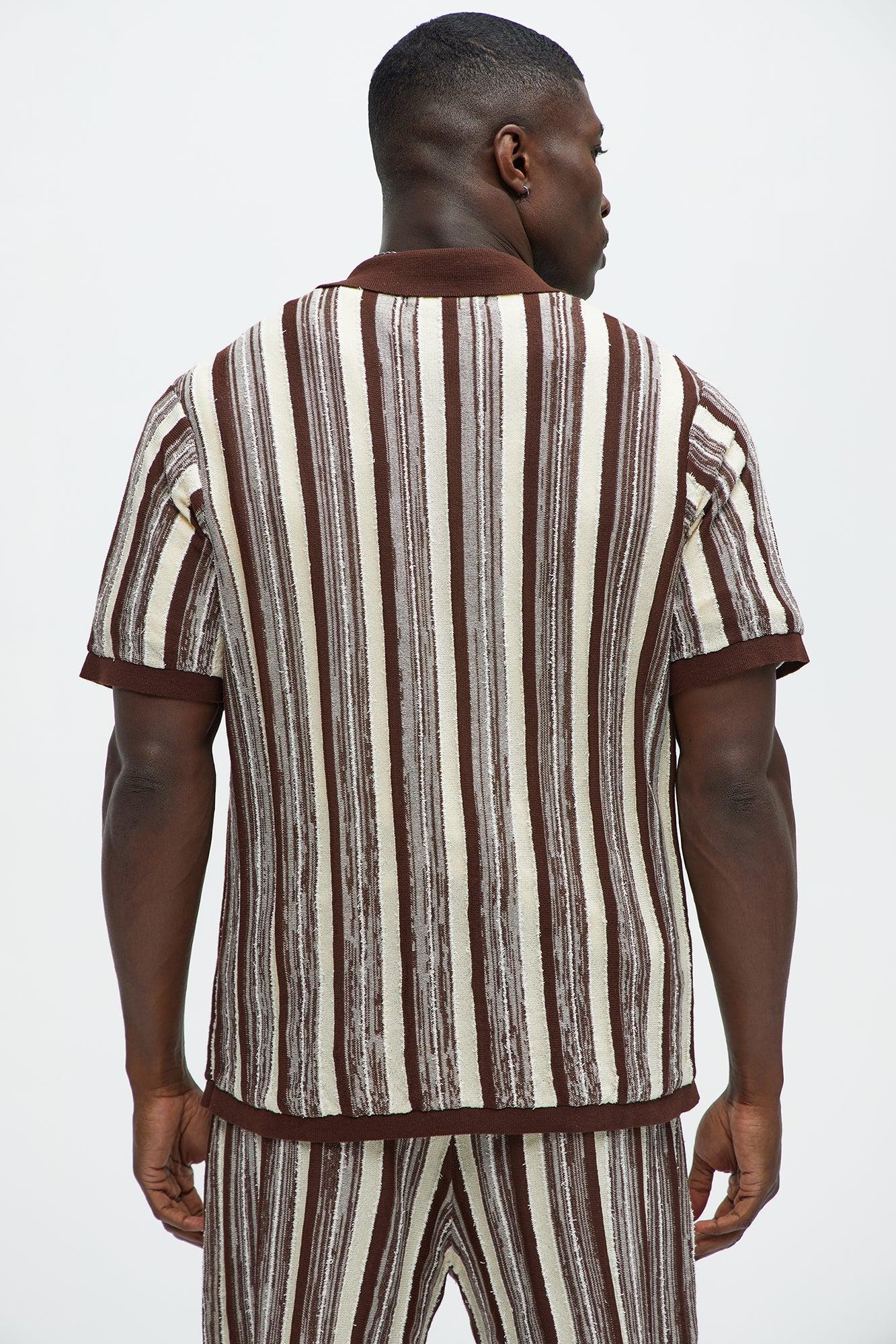 Textured Stripes Knitted Shirt - Brown Combo Product Image