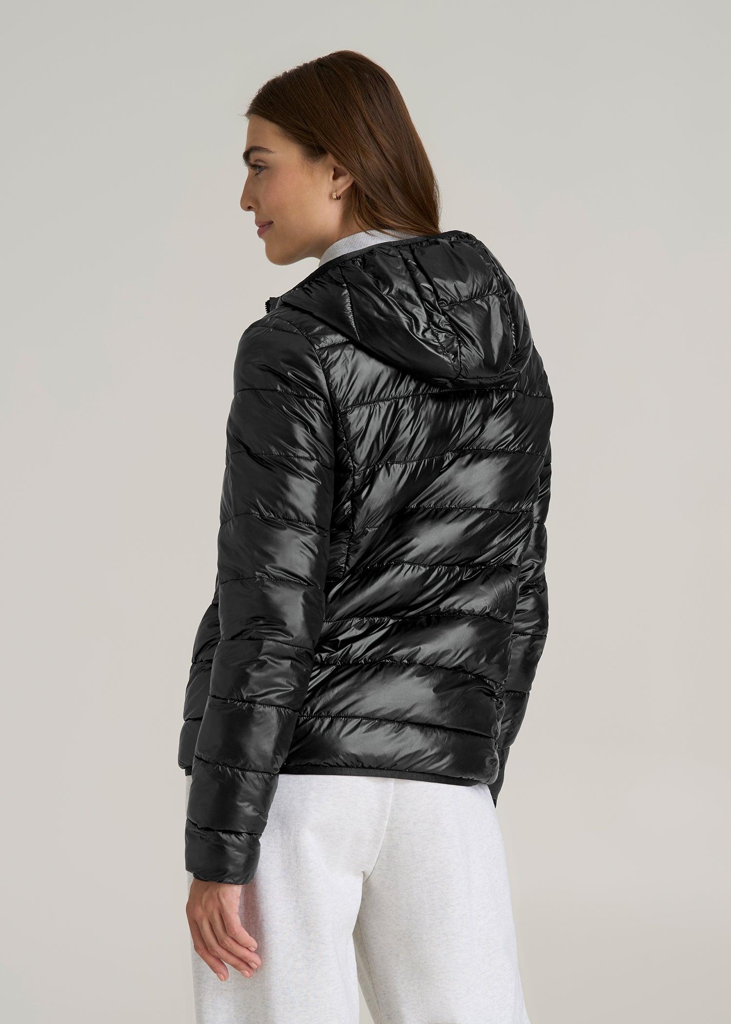 Packable Short Puffer Jacket for Tall Women in Glossy Black Female Product Image