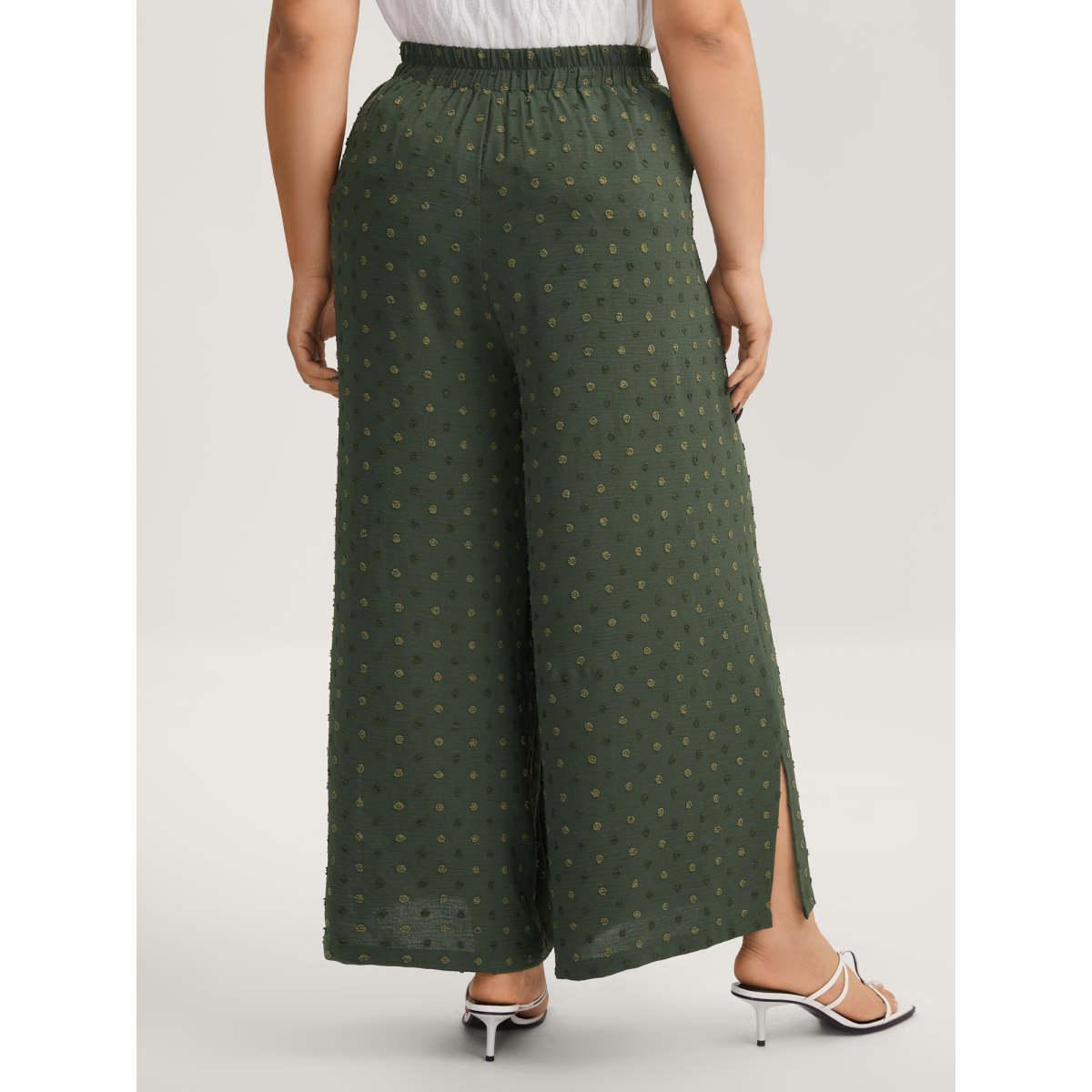 Plus Size Textured Dots Belted Slit Flowy Pants Women ArmyGreen Elegant Wide Leg Mid Rise Everyday-Elegant Pants BloomChic 14-16/1X Product Image