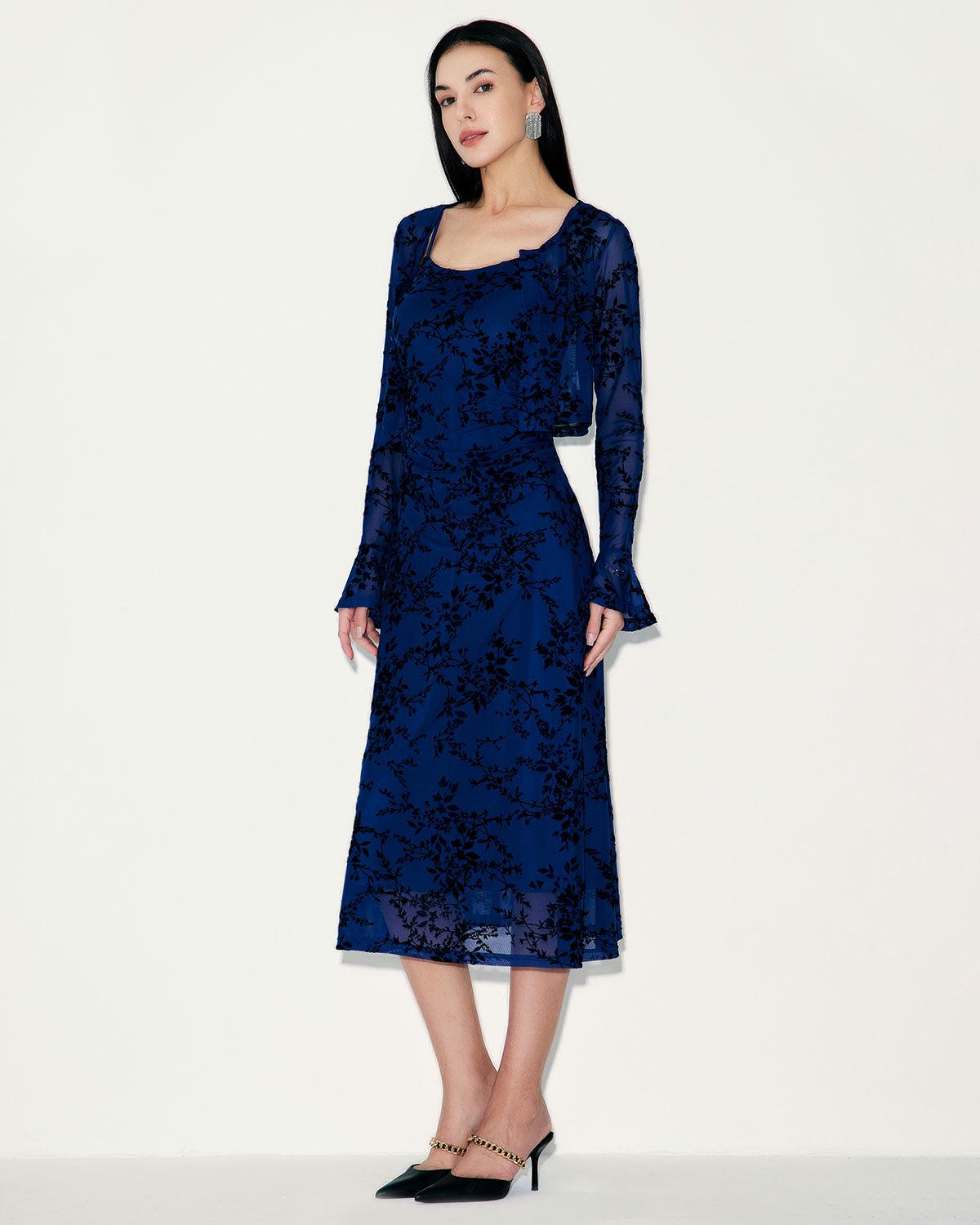 Blue Floral Mesh Slip Midi Dress Product Image