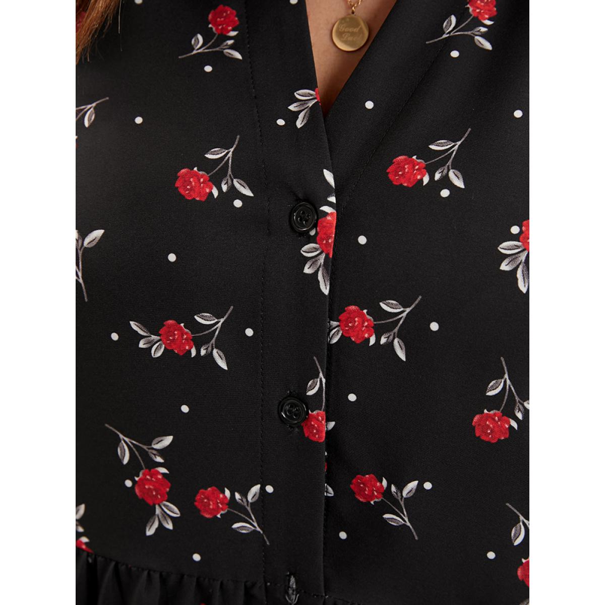 Plus Size Midnight Floral Print Button Up High Low Hem Blouse Women Elegant Long Sleeve V-neck Dailywear Blouses BloomChic 18-20/2X Product Image