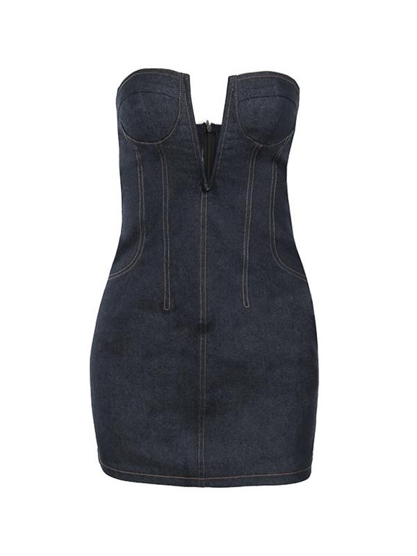 Plunge Neck Bandeau Denim Mini Dress Product Image