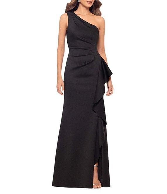 Xscape Petite Size One Shoulder Side Ruffle Scuba Crepe Gown Product Image