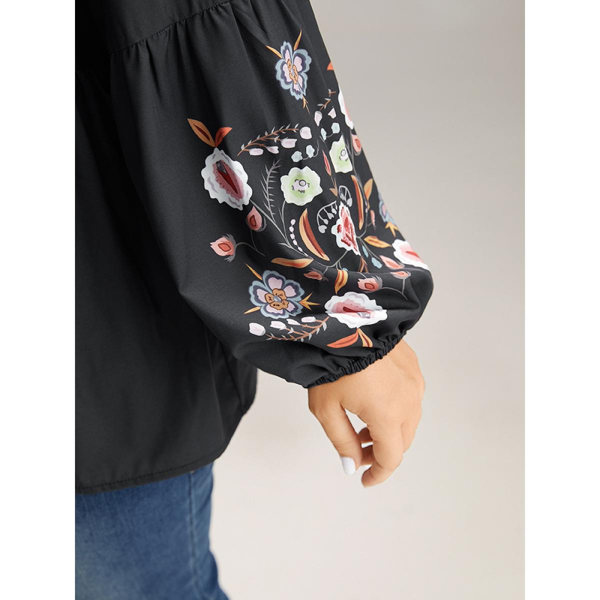 Plus Size Black Floral Print Tassels Knot Neck Lantern Sleeve Blouse Women Resort Long Sleeve Tie Neck Vacation Blouses BloomChic 12/L Product Image