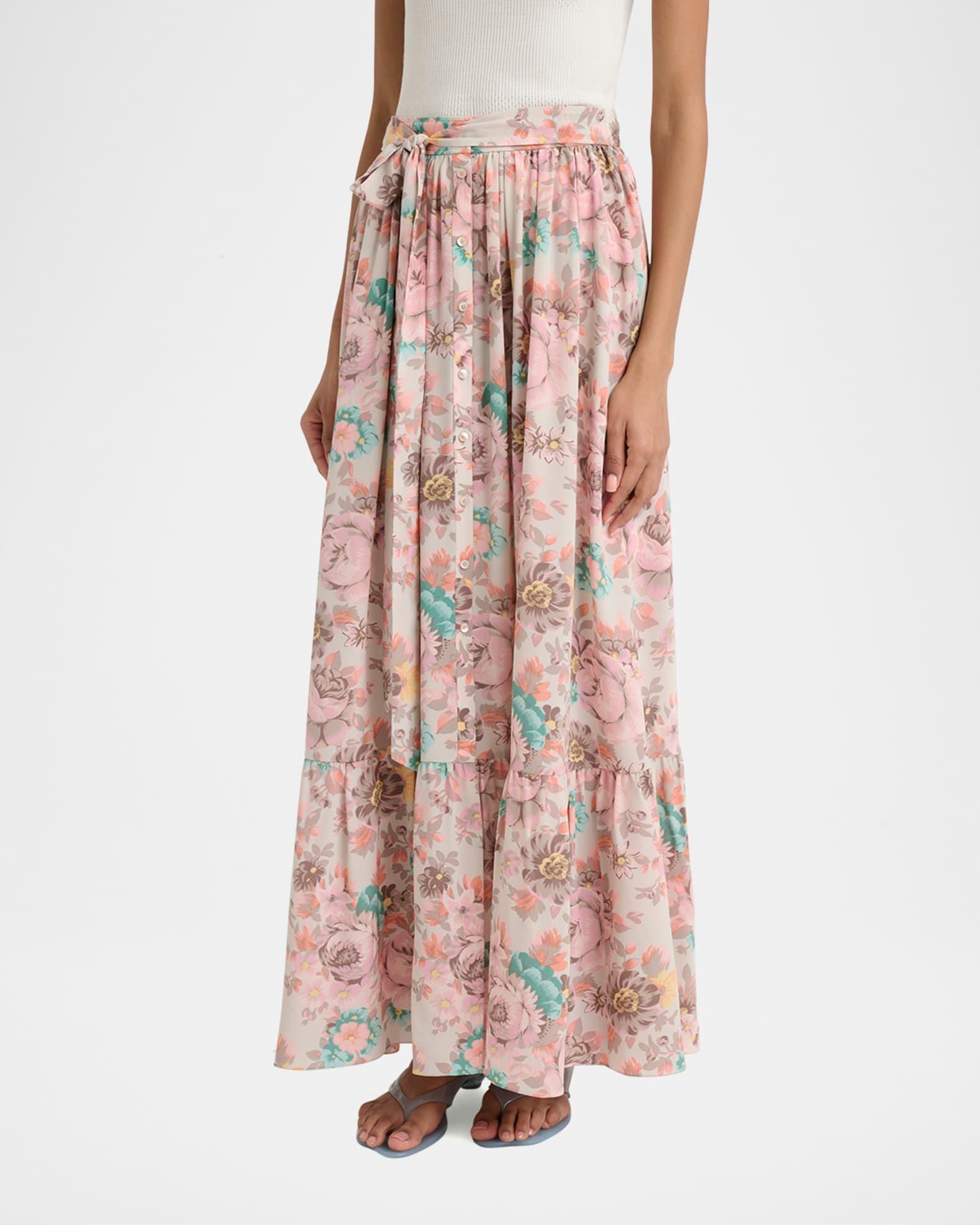 Belted Floral-Print Silk Maxi Skirt Product Image