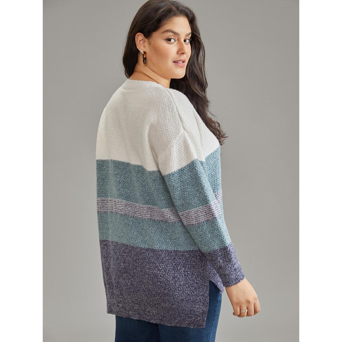 Plus Size Colorblock Heather Split Side High Low Hem Pullover Cerulean Women Casual Loose Long Sleeve V-neck Dailywear Pullovers BloomChic 22-24/3X Product Image