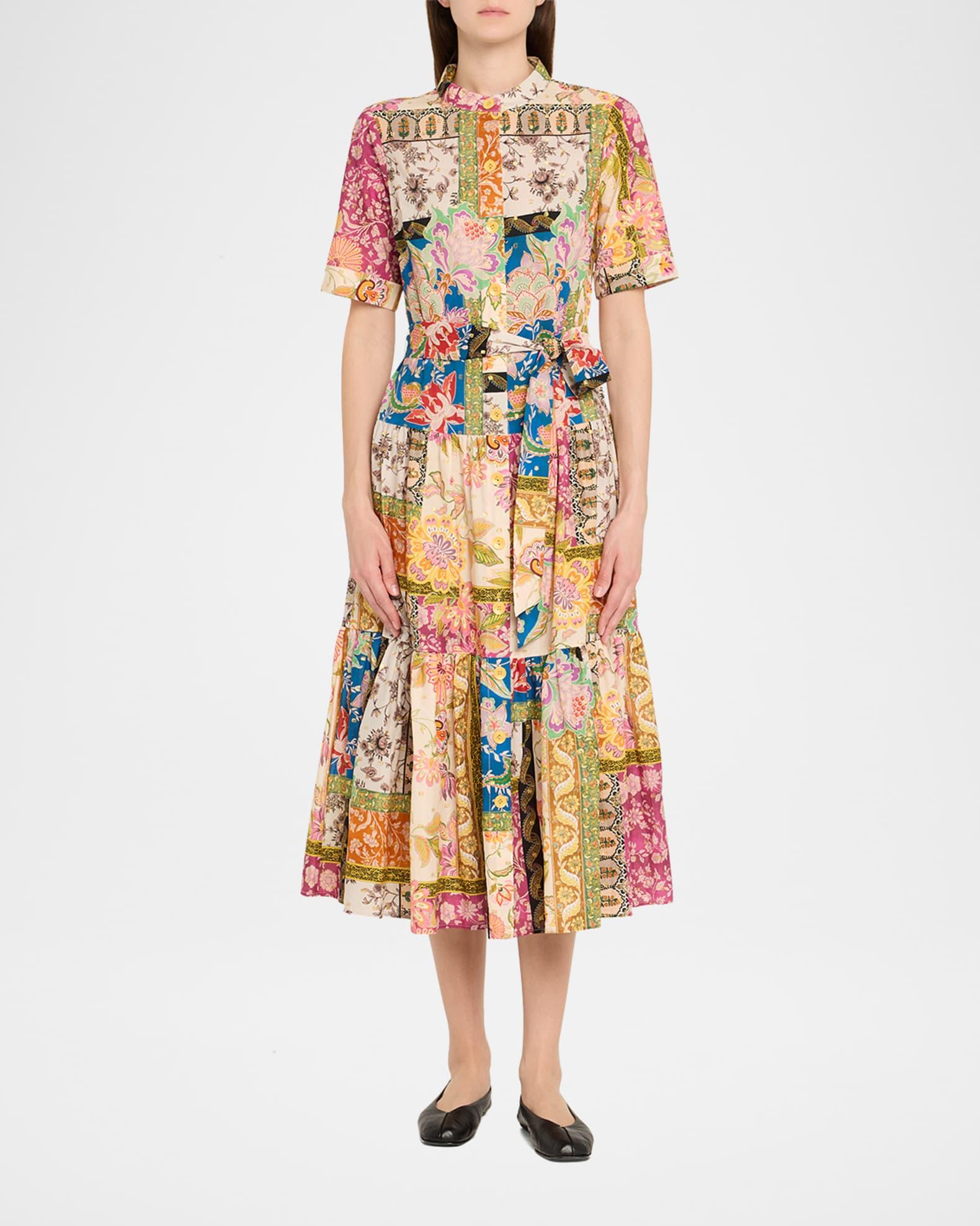 Tiered Patchwork Floral-Print Midi Shirtdress Product Image
