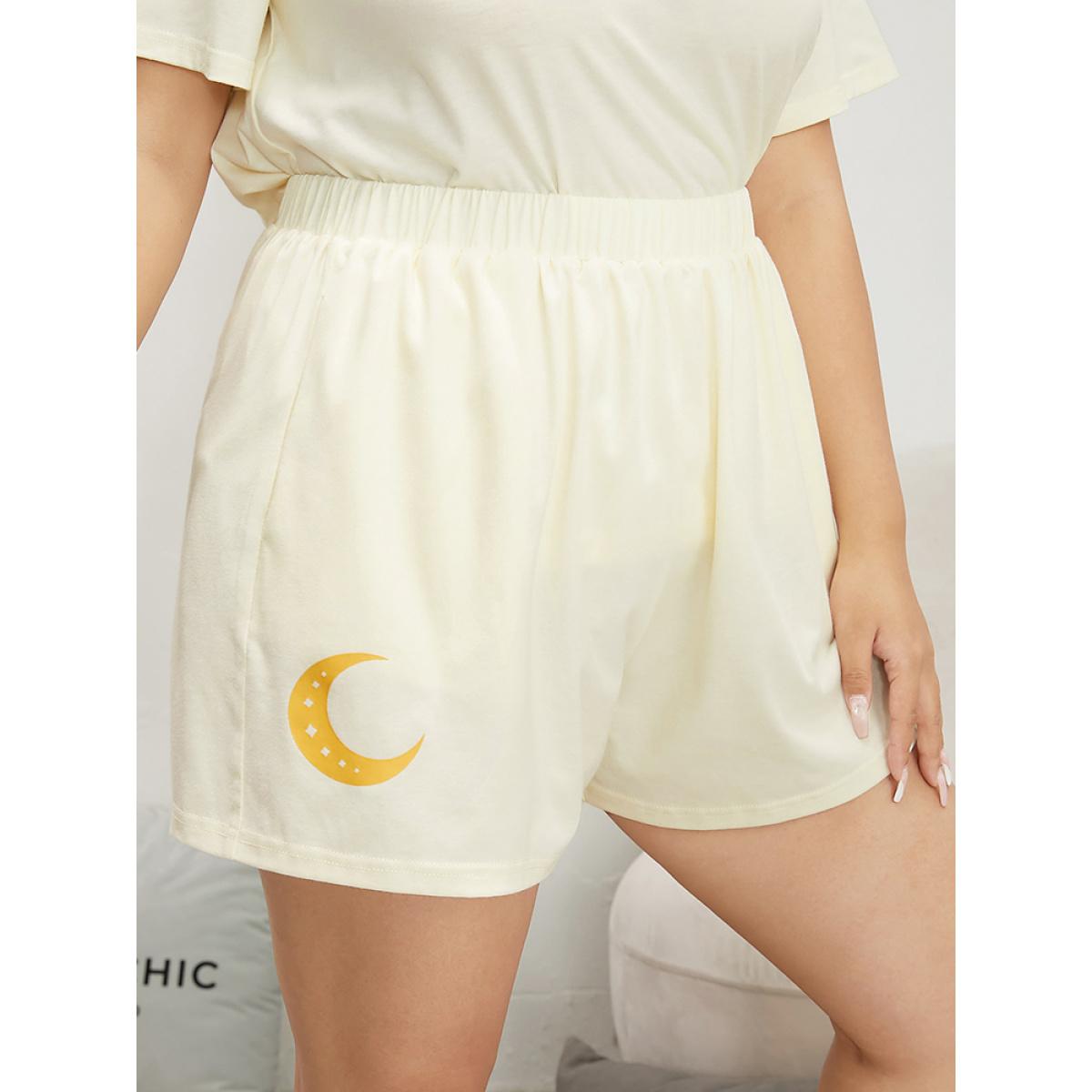 Plus Size Moon Print Elastic Waist Pocket Sleep Shorts Women Ivory Casual Star and moon Shoulderless Pocket Loungewear BloomChic 12/L Product Image