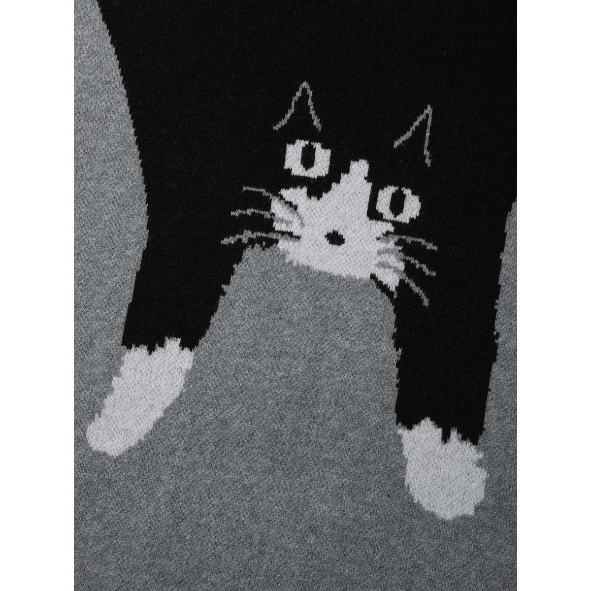 Plus Size Cat Print Color Block Round Neck Pullover DarkGray Women Casual Loose Long Sleeve Round Neck Everyday Pullovers BloomChic 22-24/3X Product Image