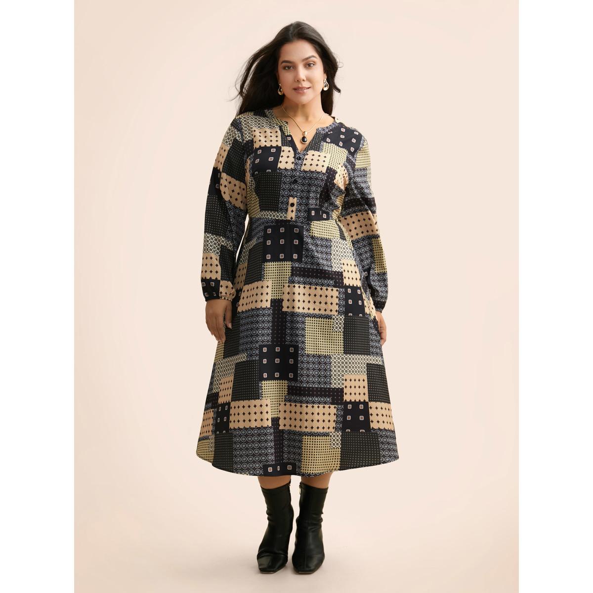 Plus Size Colorblock Contrast Notched Lantern Sleeve Dress Multicolor Women At the Office Button Flat collar with V-notch Long Sleeve Curvy BloomChic 22-24/3X Product Image