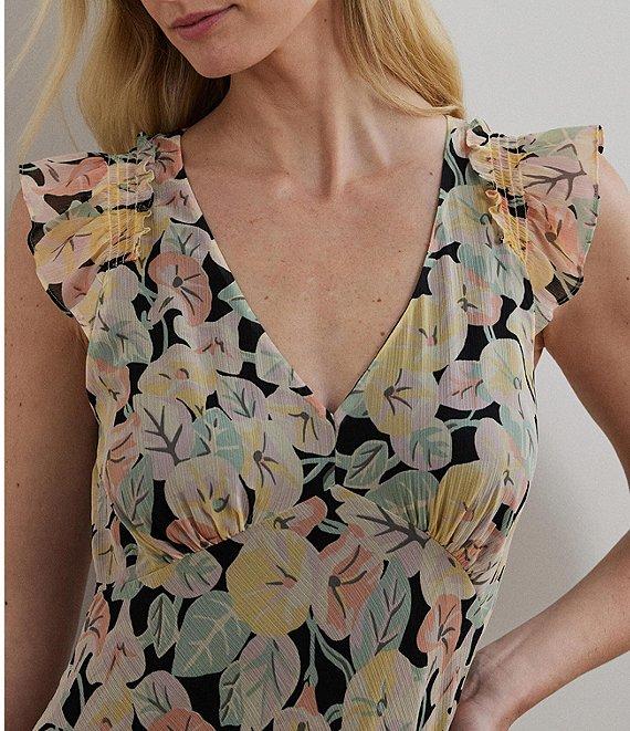 Lauren Ralph Lauren Crinkle Georgette Floral Print V-Neck Cap Sleeve Midi A-Line Dress Product Image