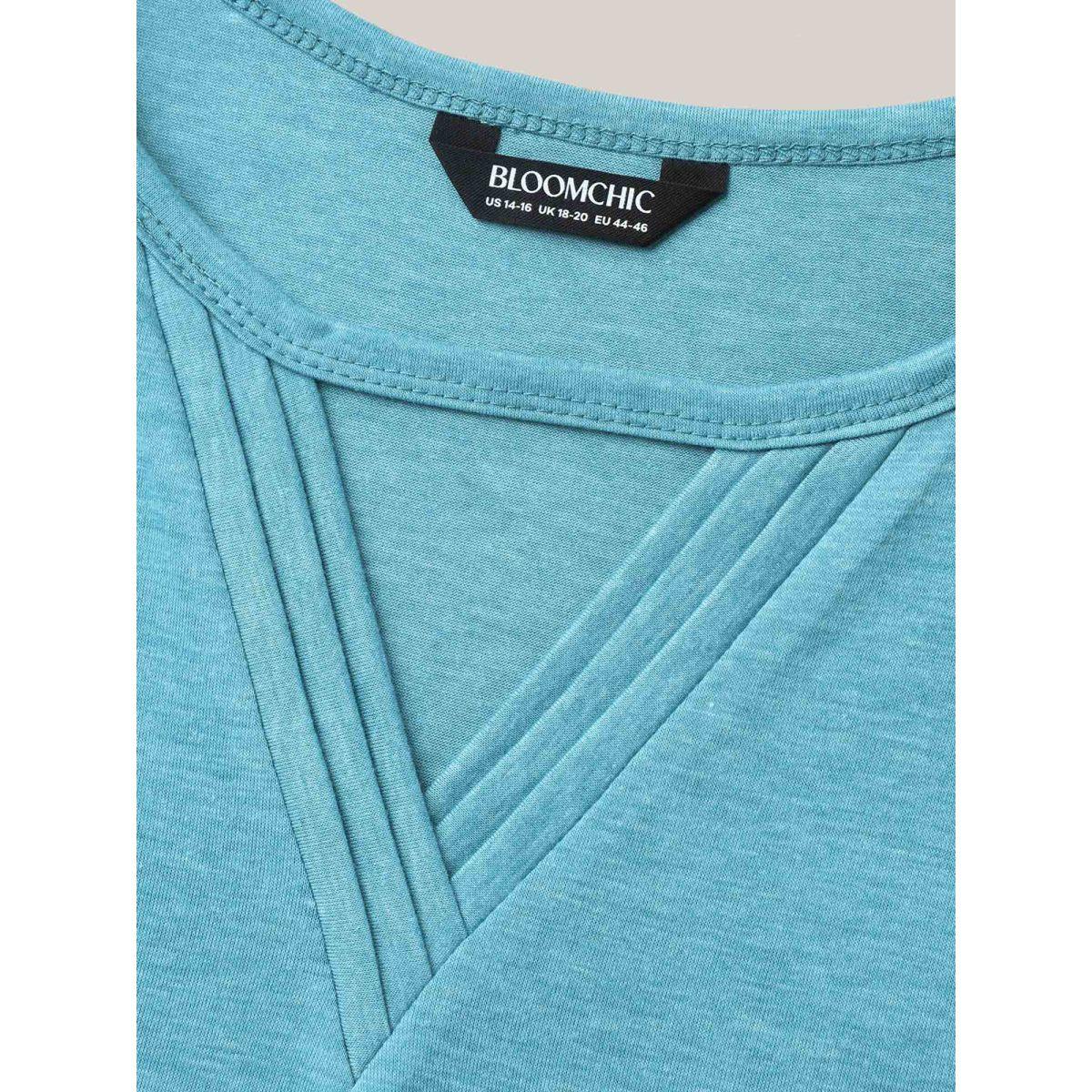 Plus Size Heathered Split Neck Curvy-Fit T-Shirt Teal Women Casual Pleated Notched collar Everyday T-shirts BloomChic 22-24/3X Product Image