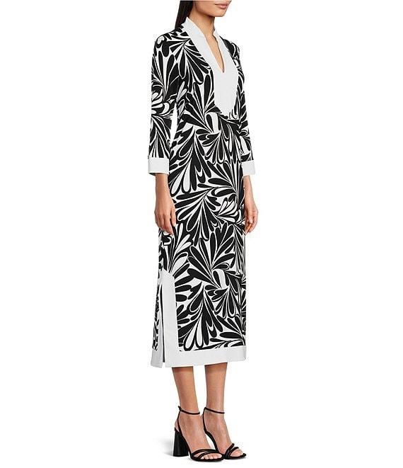 Jude Connally Katie Brushed Jude Cloth Decorative Fan Print Split V-Neck 3/4 Sleeve Midi Dress Product Image