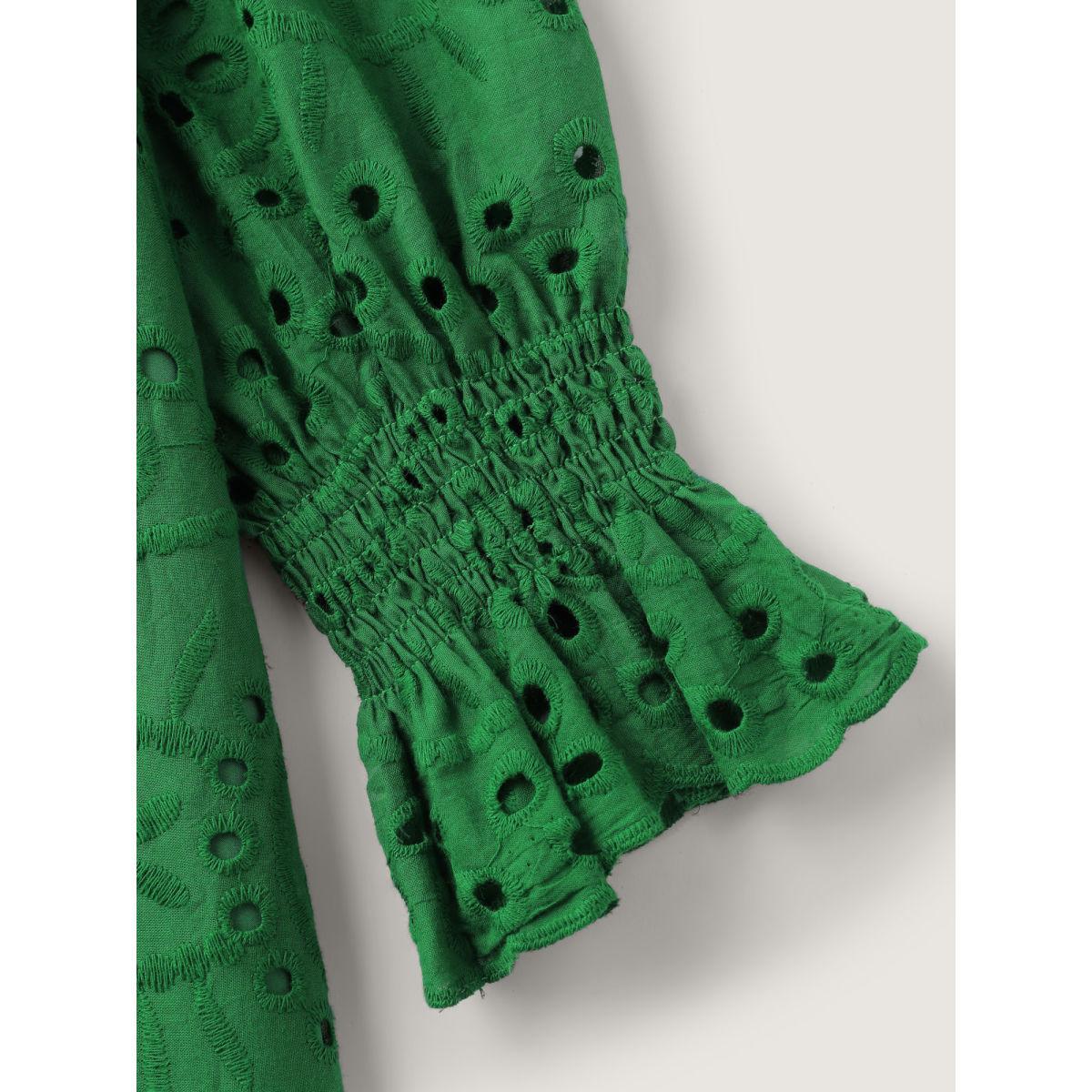 Plus Size Eyelet Embroidery Shirred Cuffs Midi Dress Emerald Women Boho Flat collar with V-notch Extra Long Sleeve Curvy BloomChic 12/L Product Image