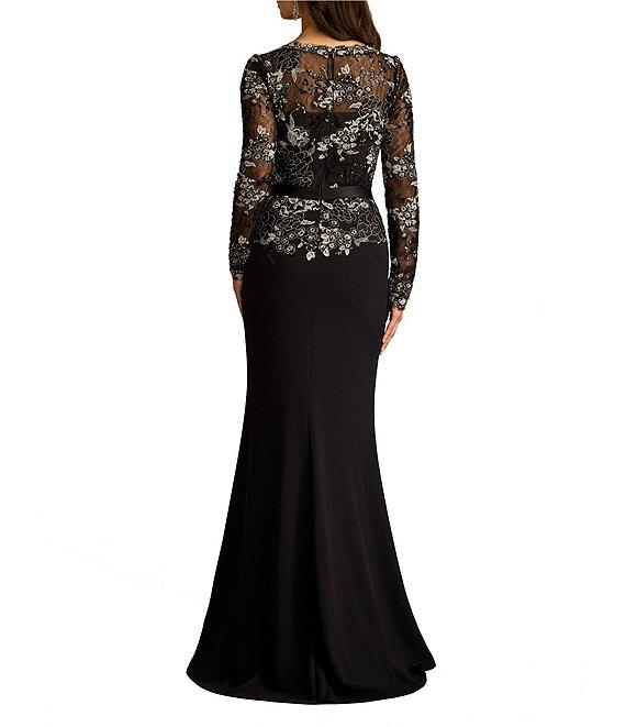 Tadashi Shoji Illusion Long Sleeve Embroidery Lace Crepe Aline Gown Product Image