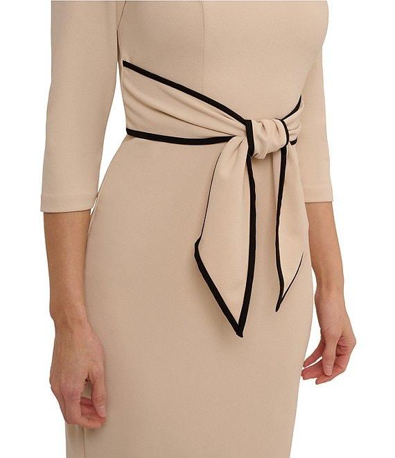 Adrianna Papell Petite Size Contrast Trim Boat Neck 3/4 Sleeve Tie Waist Crepe Dress Product Image