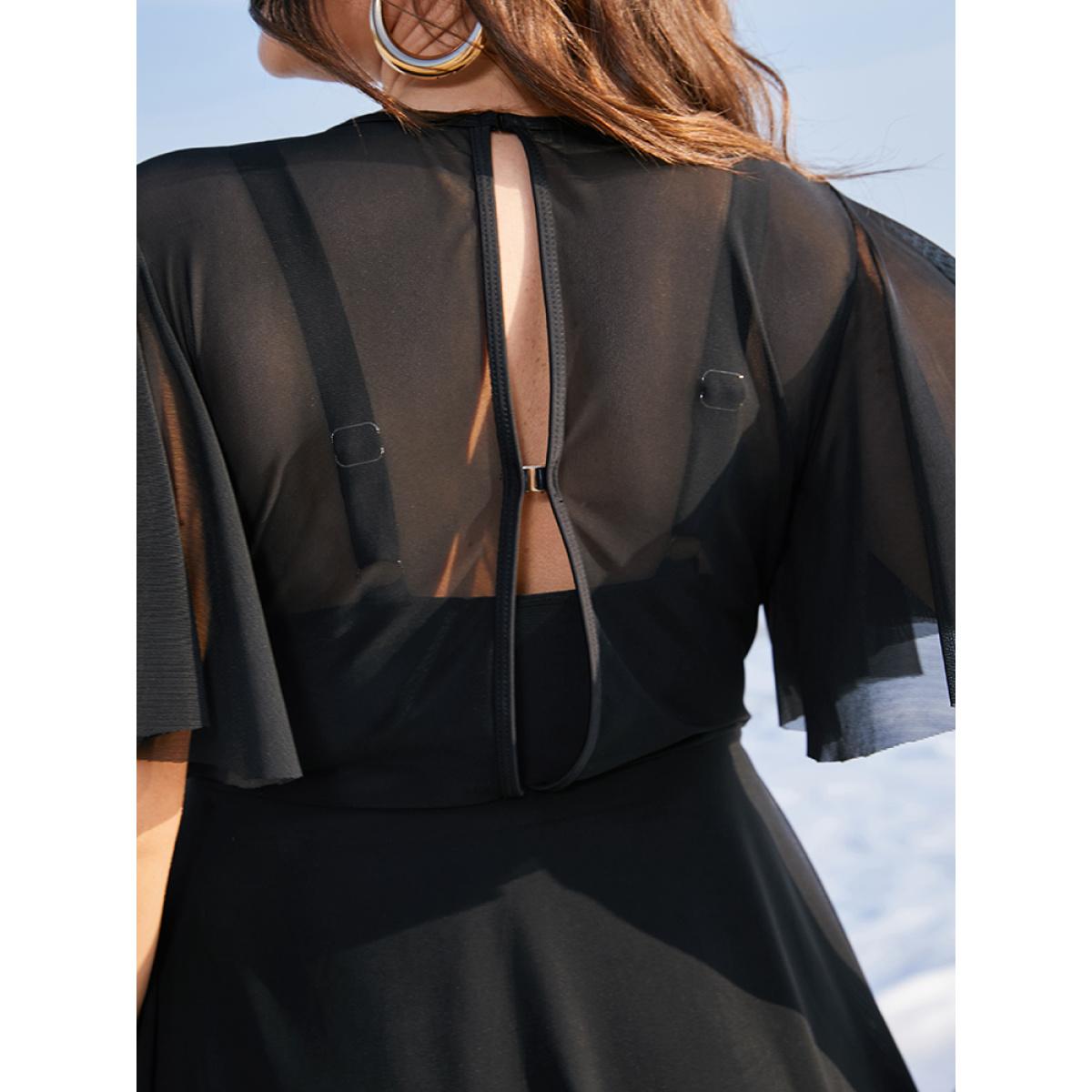 Plus Size Solid Mesh Patchwork Ruffle Sleeve Swim Dress Women's Swimwear Black Vacation Bodycon Round Neck High stretch Curve Swim Dresses BloomChic 22-24/3X Product Image