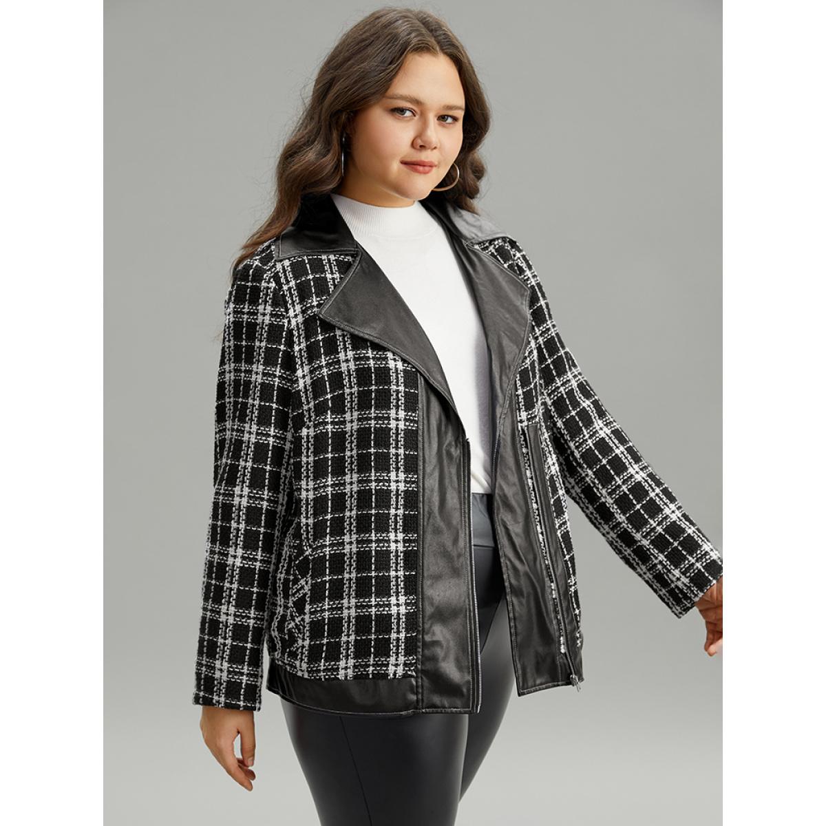 Plus Size Plaid PU Patchwork Zipper Fly Jacket Women Black Contrast Dailywear Jackets BloomChic 18-20/2X Product Image
