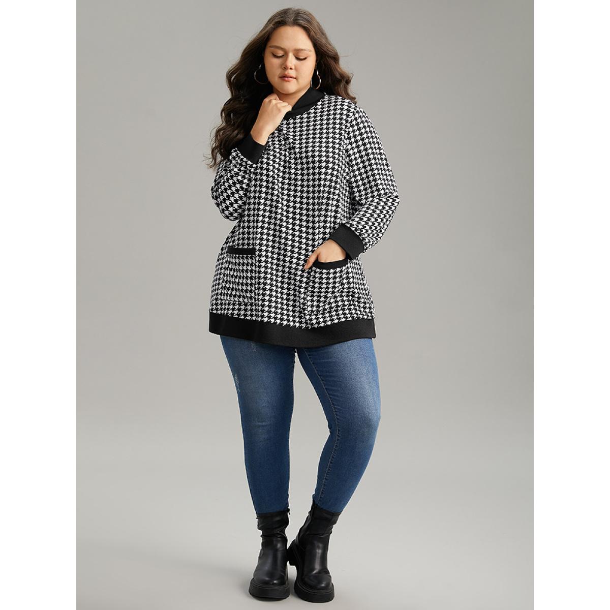 Plus Size Houndstooth Patched Pocket Mock Neck Sweatshirt Women Black Casual Contrast Mock Neck Dailywear Sweatshirts BloomChic 14-16/1X Product Image