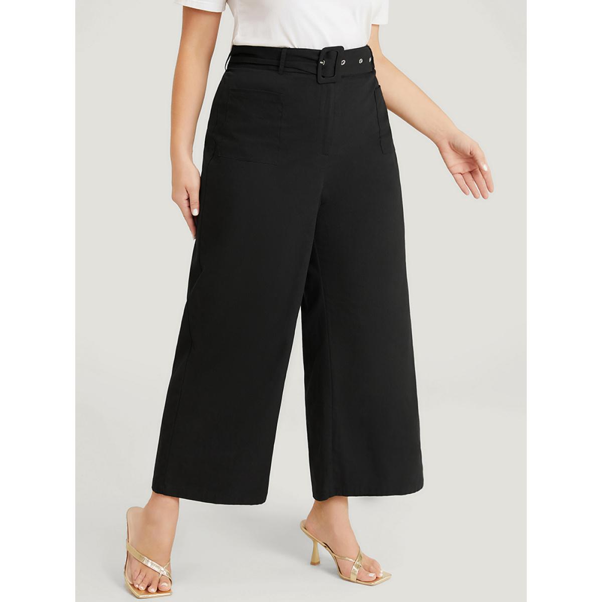 Plus Size Solid Pocket Eyelet Detail Buckle Belted Pants Women Black Office Wide Leg High Rise Dailywear Pants BloomChic 30/6X Product Image