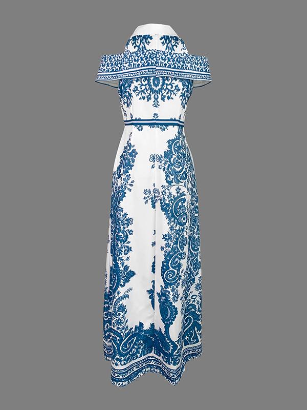 Bodycon High Waisted Flower Print Hollow Pockets Cold Shoulder Maxi Dresses Product Image