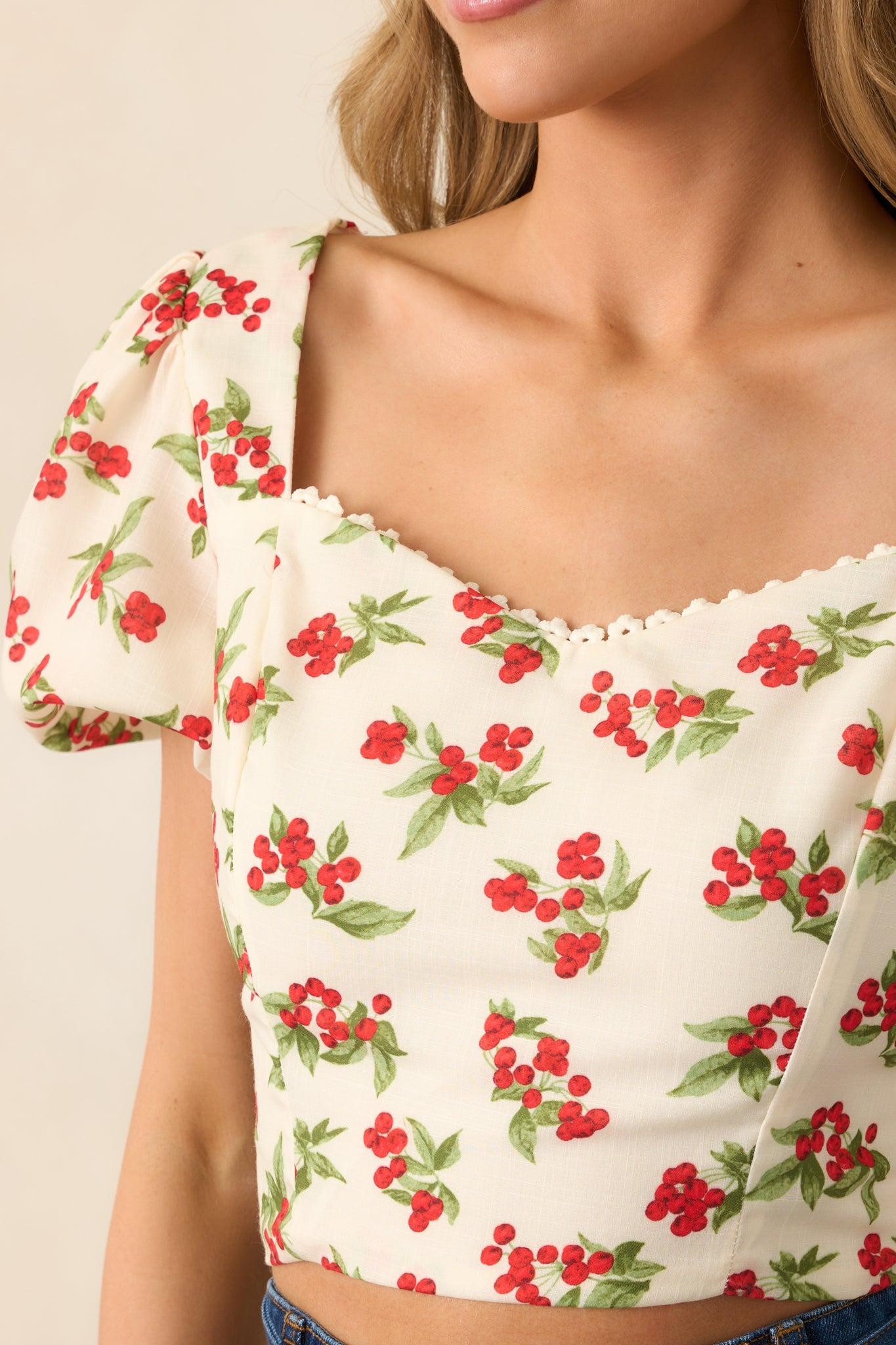 Just Wait And See Ivory Floral Berry Puff Sleeve Crop Top Product Image