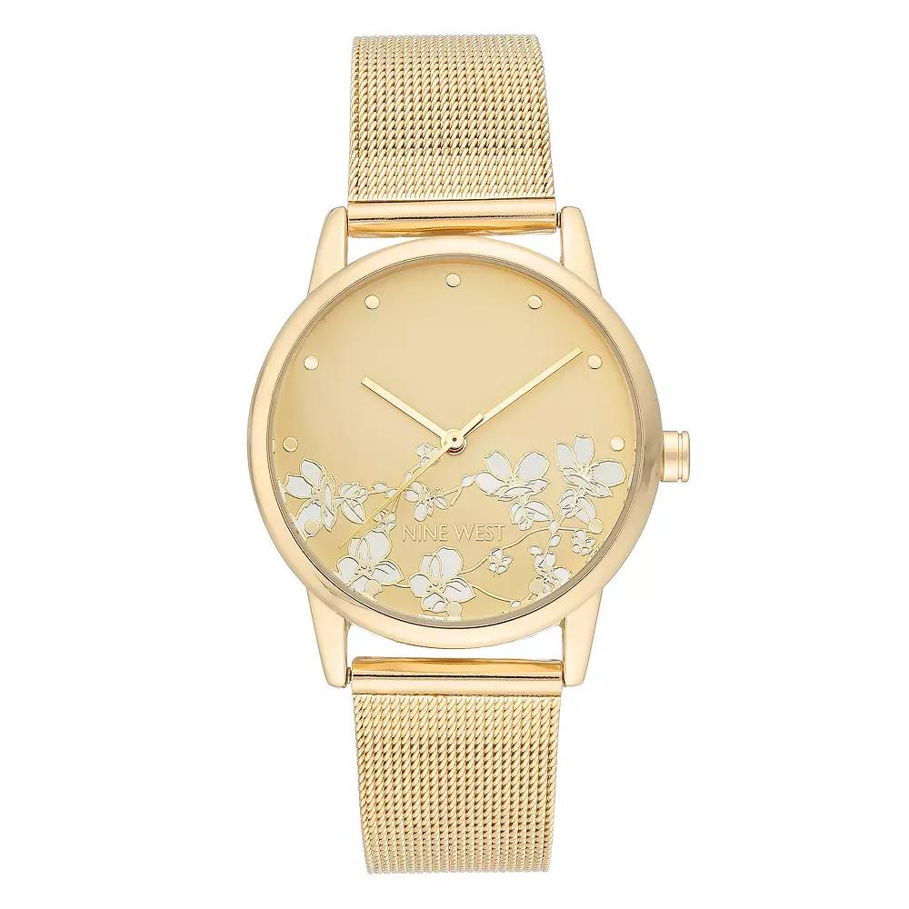 Nine West Women's Stainless Steel Mesh Bracelet Watch with Flower Dial, Size: Medium, Gold Tone Product Image