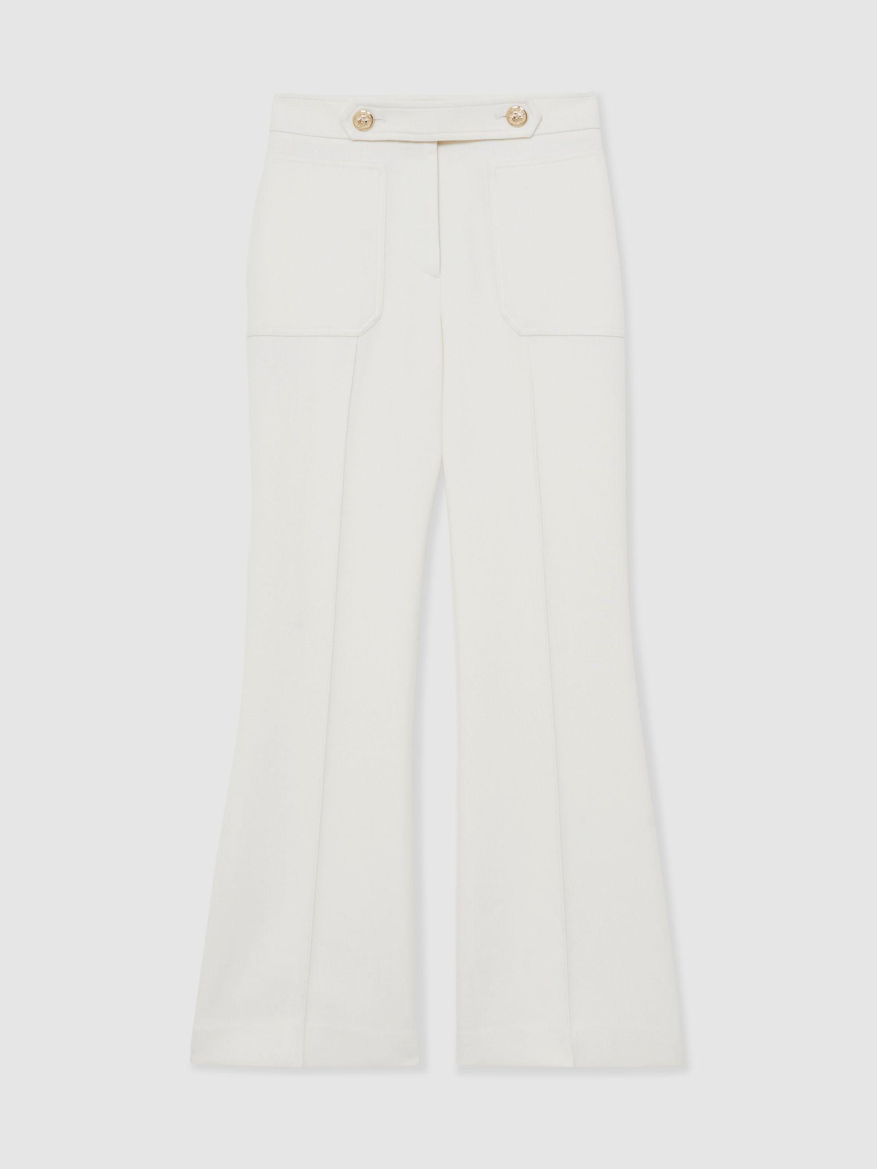 Petite Twill Button-Tab Flared Trousers With Wool in White Product Image