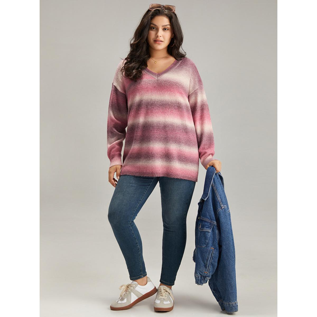 Plus Size Ombre Heather V Neck Elastic Cuffs Pullover Multicolor Women Casual Loose Long Sleeve V-neck Dailywear Pullovers BloomChic 22-24/3X Product Image