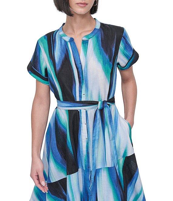 DKNY by Donna Karan Linen Short Sleeve Tie Waist Dress Product Image