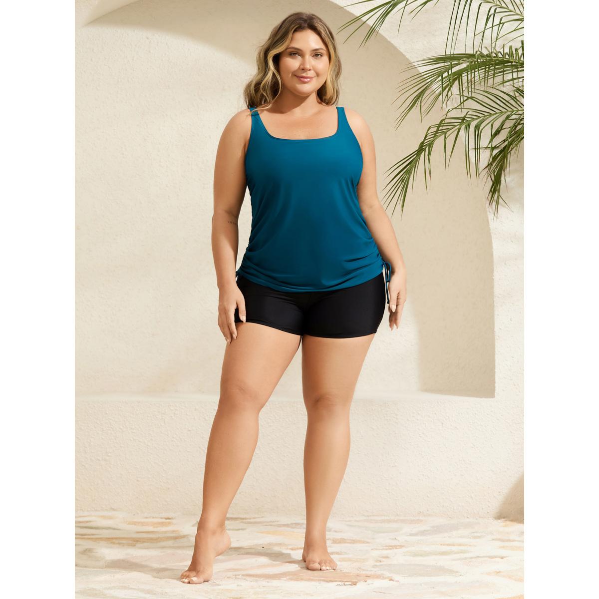 Plus Size Side Drawstrings Plain Swim Top Women's Swimwear Cyan Resort Drawstring High stretch Skinny U-neck Curve Swim Tops BloomChic 28/5X Product Image