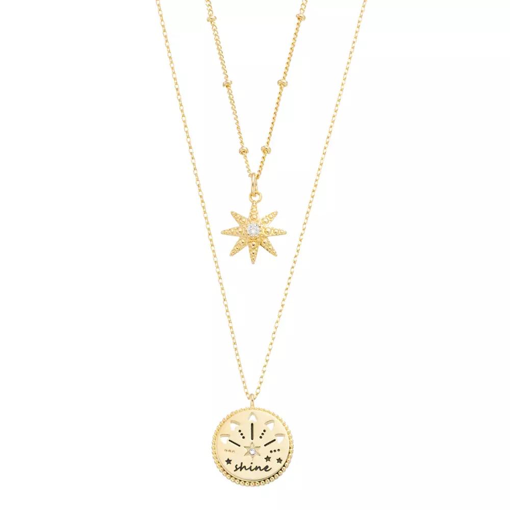 City Luxe 14k Gold-Plated Cubic Zirconia Starburst & "Shine" Duo Pendant Necklaces Set, Women's, Gold Tone Clear Product Image