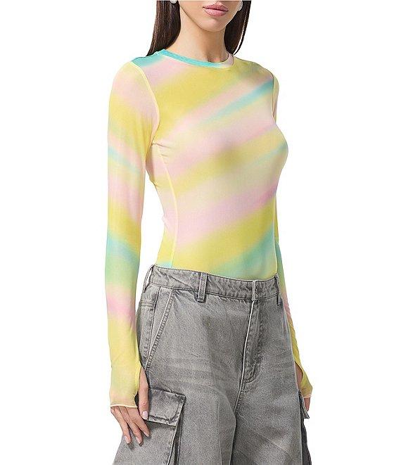 AFRM Kaylee Rainbow Print Crew Neck Long Sleeve Mesh Top Product Image